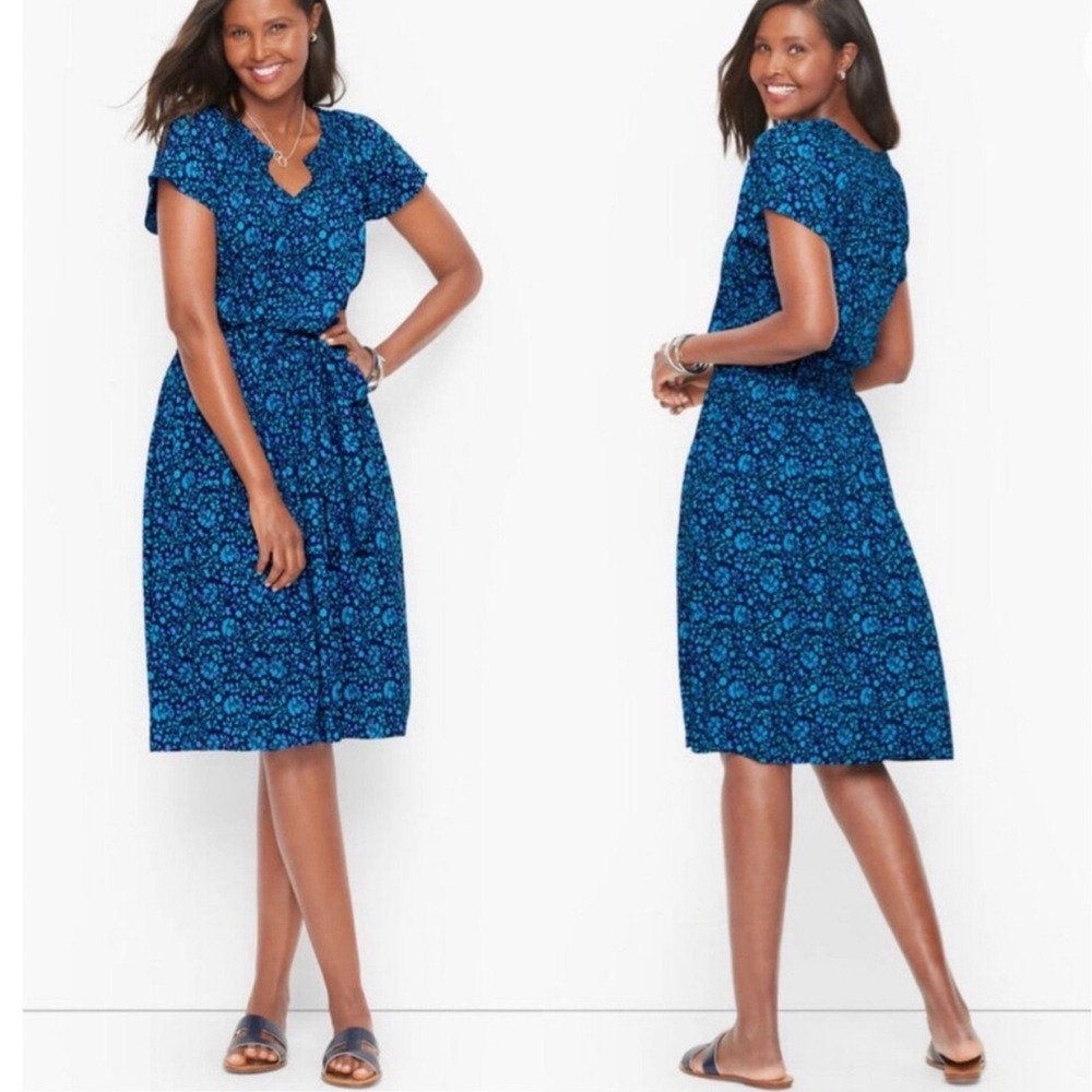 Talbots Womens Smocked Floral Dress XL Blue Short Sleeve Elastic Waist Folk